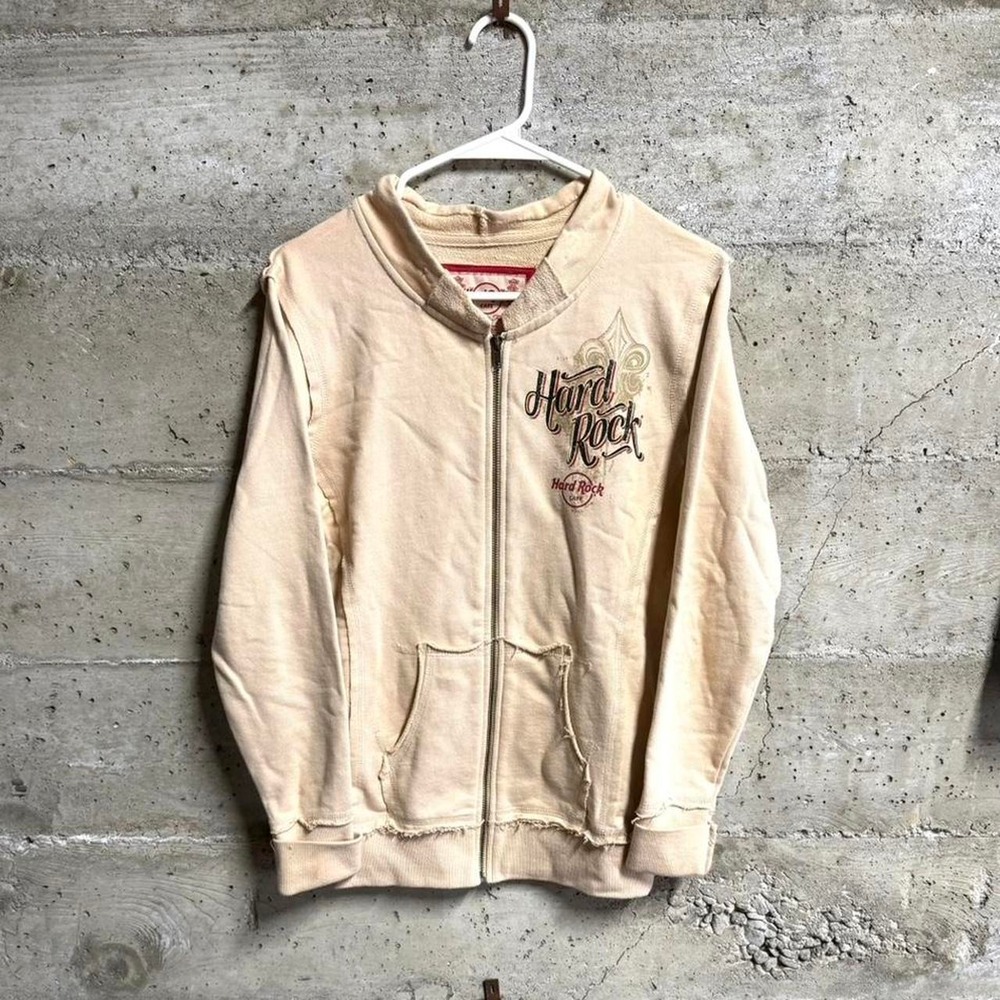 Vintage Hard Rock Cafe San Francisco Zip Up Sweatshirt Distressed Cream Y2K M